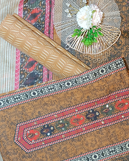 Mustard Yellow And Brown Mal Cotton printed fabric Unstitched Salwar Suit