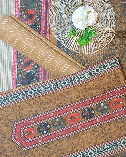 Mustard Yellow And Brown Mal Cotton printed fabric Unstitched Salwar Suit