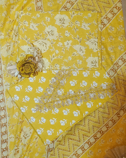 Light Yellow Mal Cotton printed fabric Unstitched Salwar Suit