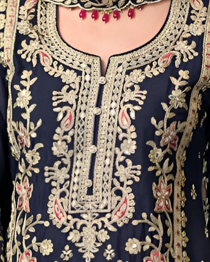 Dark Blue Embroidered Heavy Chinon Readymade Sharara Set