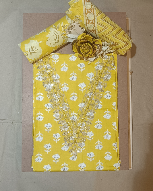 Light Yellow Mal Cotton printed fabric Unstitched Salwar Suit