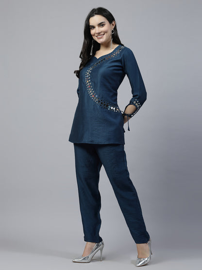 Peacock Blue Hand Embroidered Pure Cotton Readymade Co-Ord Set