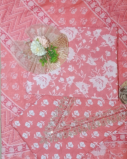 Salmon Pink Mal Cotton printed fabric Unstitched Salwar Suit
