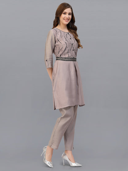 Light Grey Hand Embroidered Viscose Rayon Readymade Co-Ord Set
