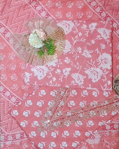 Salmon Pink Mal Cotton printed fabric Unstitched Salwar Suit