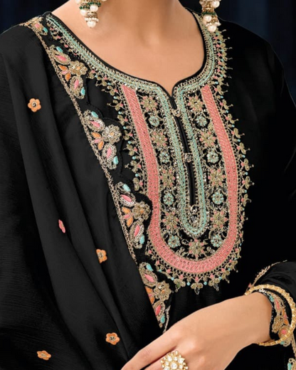 Black Embroidered Heavy Chinon Readymade sharara set
