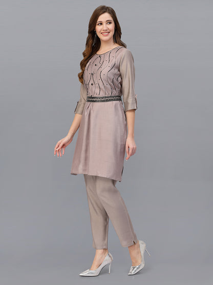 Light Grey Hand Embroidered Viscose Rayon Readymade Co-Ord Set