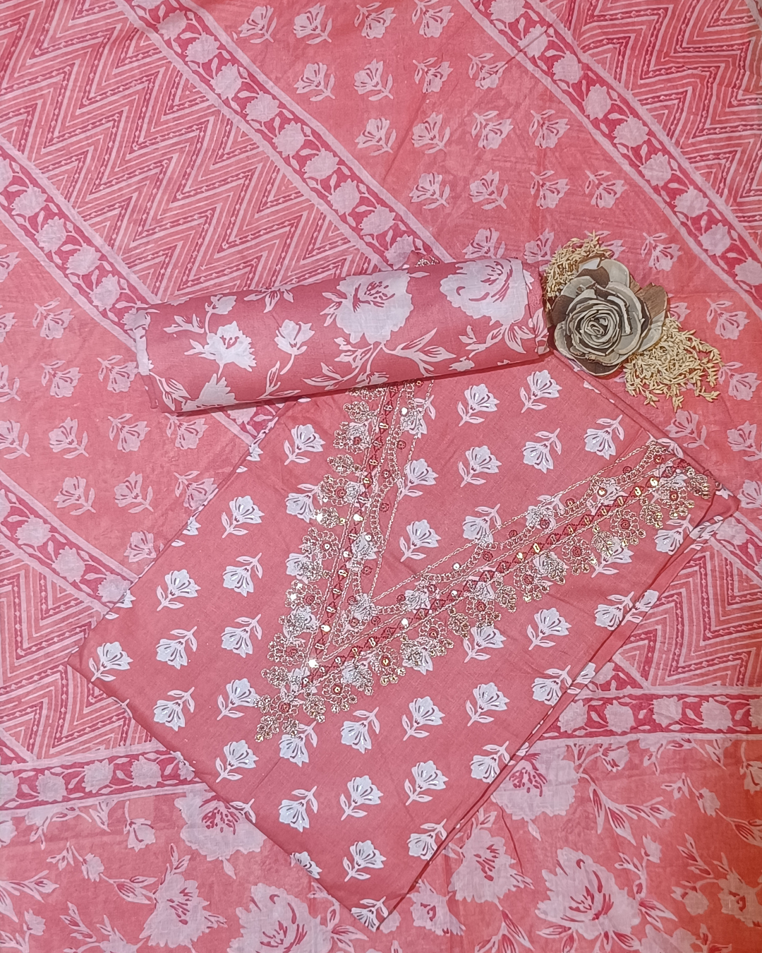Salmon Pink Mal Cotton printed fabric Unstitched Salwar Suit