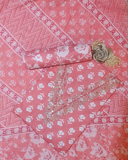 Salmon Pink Mal Cotton printed fabric Unstitched Salwar Suit