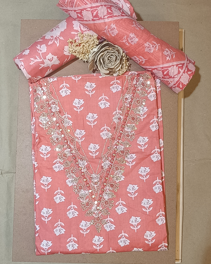 Salmon Pink Mal Cotton printed fabric Unstitched Salwar Suit