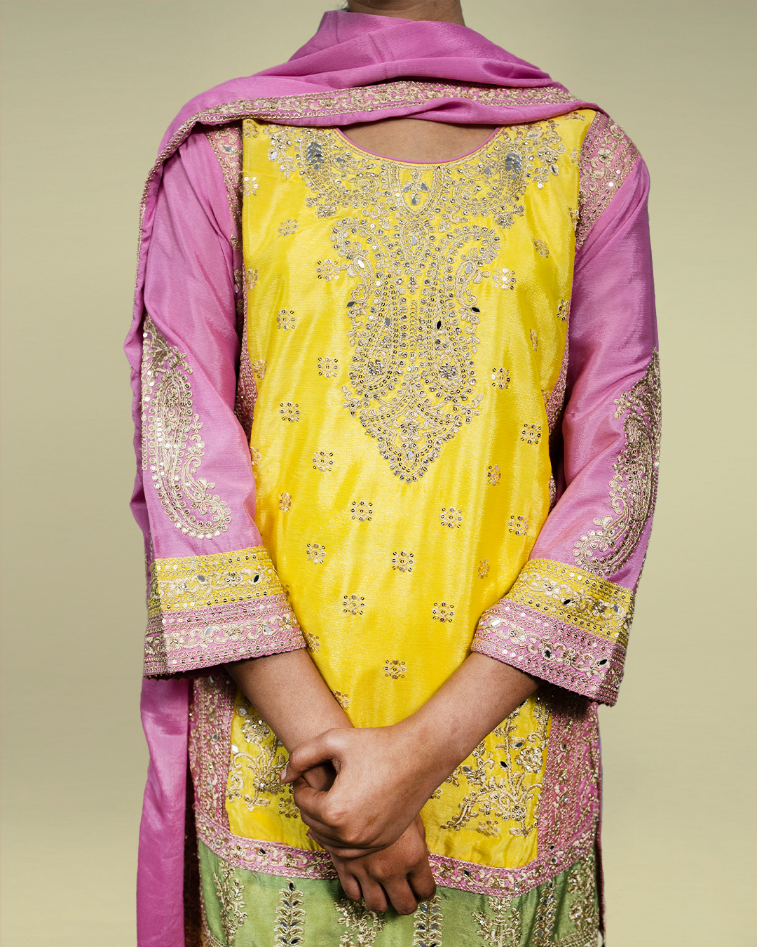 Yellow Embroidered Real Chinon Readymade Pakistani Salwar Suit