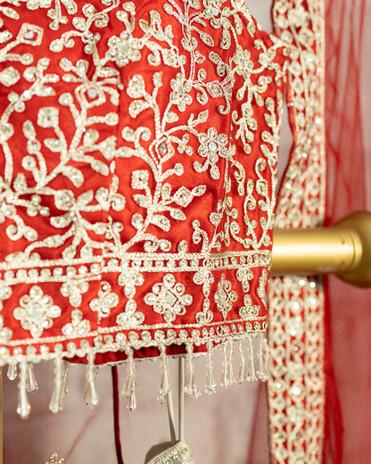 Red Heavy embroidered Netted Readymade Lehenga