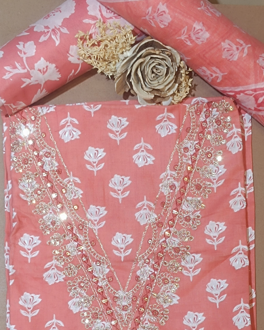 Salmon Pink Mal Cotton printed fabric Unstitched Salwar Suit