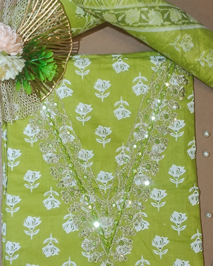 Light Green Mal Cotton printed fabric Unstitched Salwar Suit