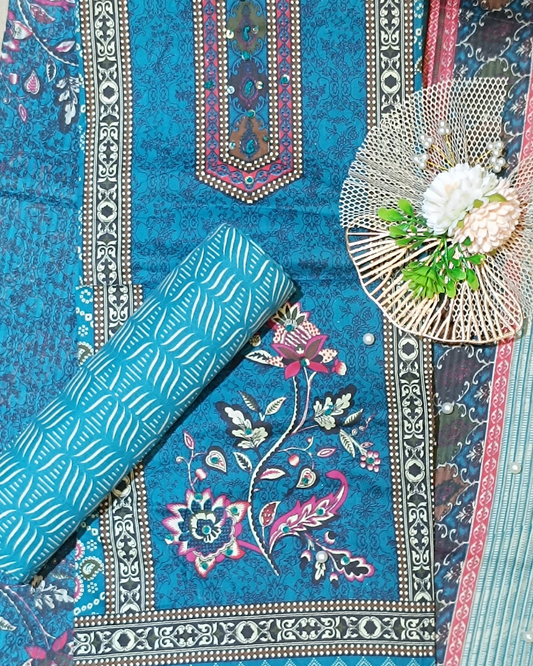 Light Sky Blue Mal Cotton printed fabric Unstitched Salwar Suit