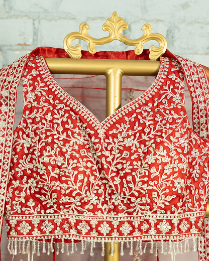 Red Heavy embroidered Netted Readymade Lehenga