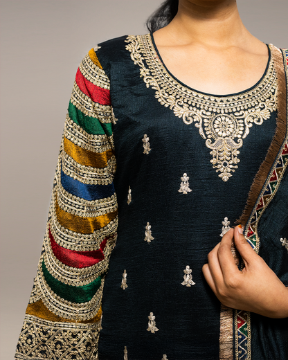 Peacock Green Embroidered Heavy Chinon Readymade Sharara Set