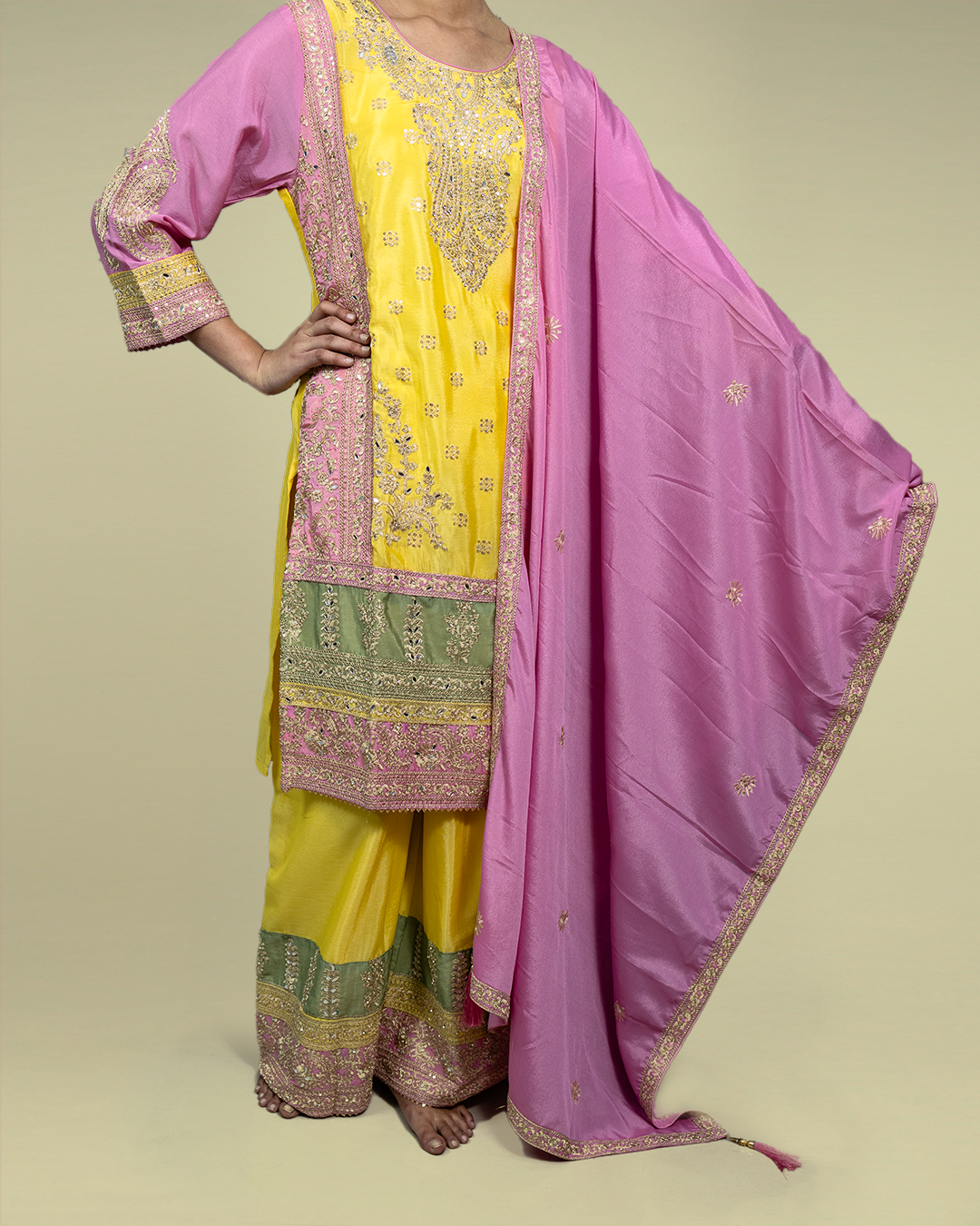 Yellow Embroidered Real Chinon Readymade Pakistani Salwar Suit