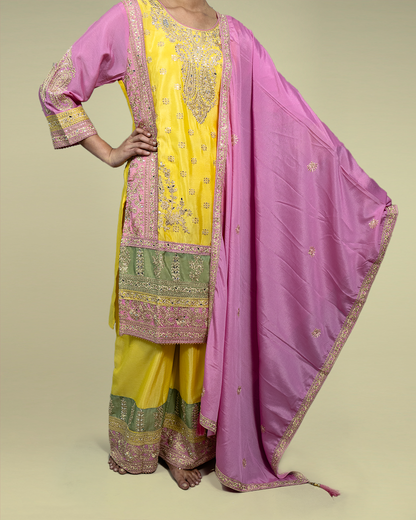 Yellow Embroidered Real Chinon Readymade Pakistani Salwar Suit