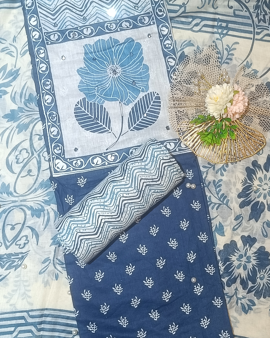 Blue And White Mal Cotton printed fabric Unstitched Salwar Suit