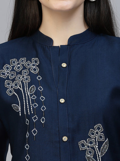 Blue Hand Embroidered Viscose Rayon Ready Made Co-Ord Set