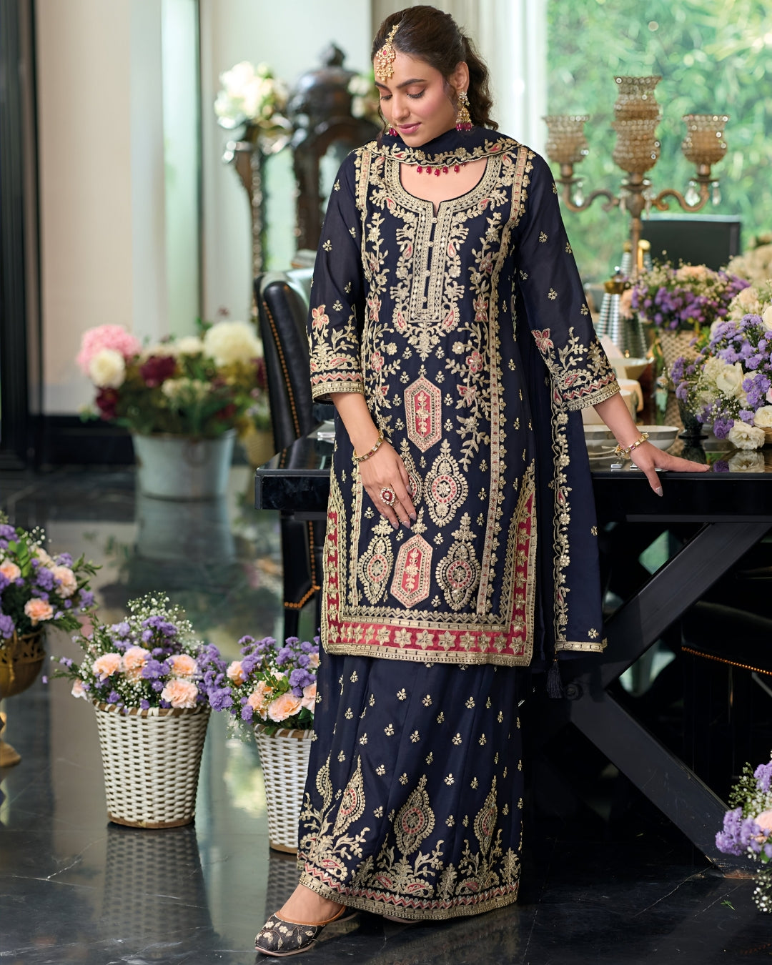 Dark Blue Embroidered Heavy Chinon Readymade Sharara Set