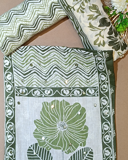 Green And White Mal Cotton printed fabric Unstitched Salwar Suit