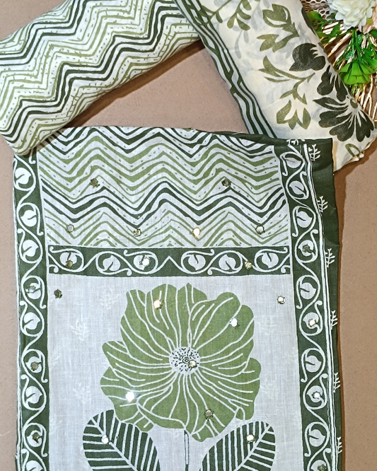 Green And White Mal Cotton printed fabric Unstitched Salwar Suit