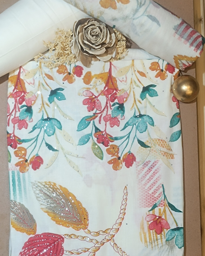 White Mal Cotton printed fabric Unstitched Salwar Suit