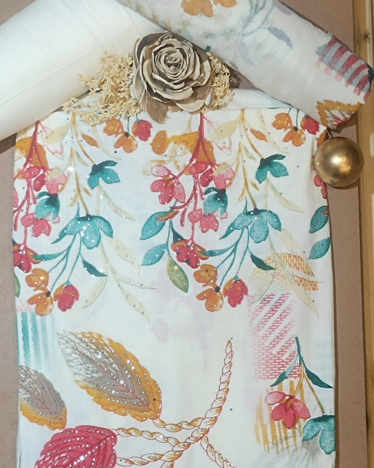 White Mal Cotton printed fabric Unstitched Salwar Suit