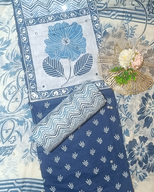 Blue And White Mal Cotton printed fabric Unstitched Salwar Suit
