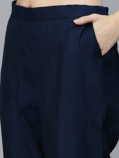 Blue Hand Embroidered Viscose Rayon Ready Made Co-Ord Set