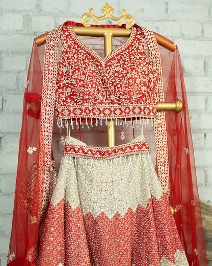 Red Heavy embroidered Netted Readymade Lehenga