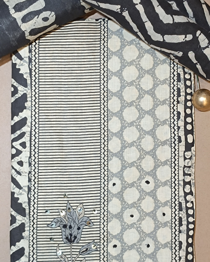 Black and Off-White Mal Cotton printed fabric Unstitched Salwar Suit