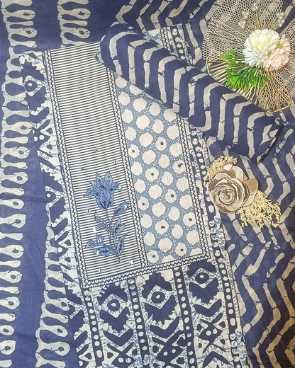 Blue And White Mal Cotton printed fabric Unstitched Salwar Suit