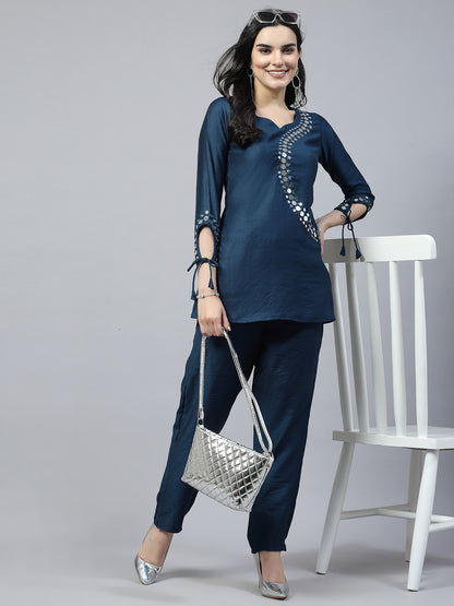 Peacock Blue Hand Embroidered Pure Cotton Readymade Co-Ord Set