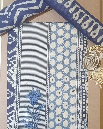 Blue And White Mal Cotton printed fabric Unstitched Salwar Suit