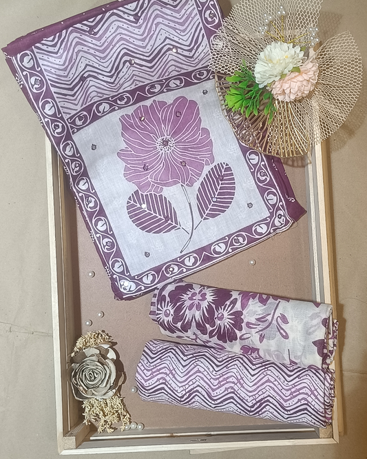 Purple And White Mal Cotton printed fabric Unstitched Salwar Suit