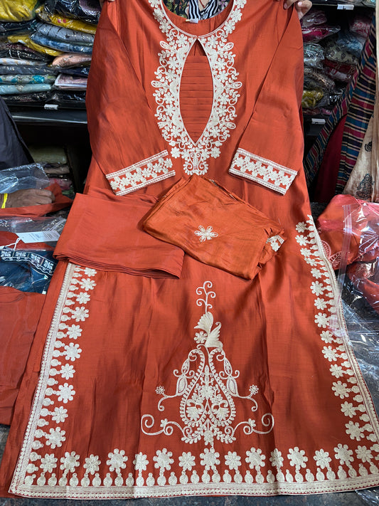 Fully embroidered rust 3pc suit