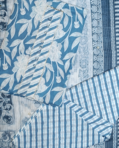 Blue And White Mal Cotton printed fabric Unstitched Salwar Suit