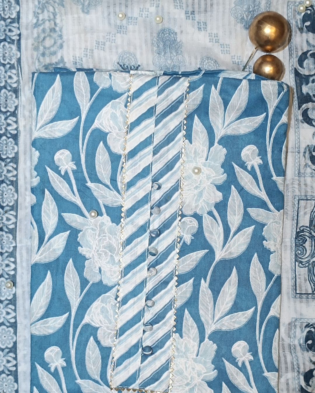 Blue And White Mal Cotton printed fabric Unstitched Salwar Suit