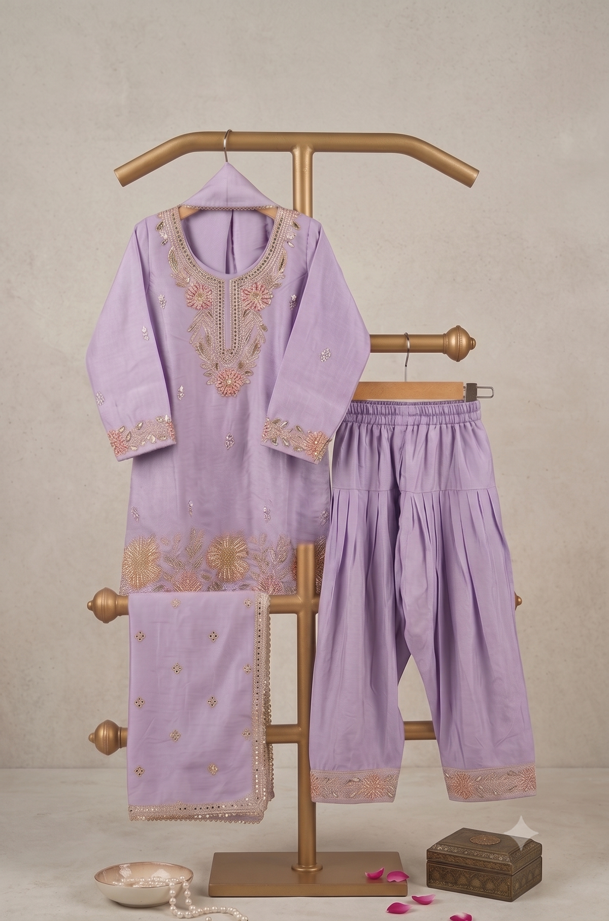 Lavender Floral Hand-Embroidered Suit Set