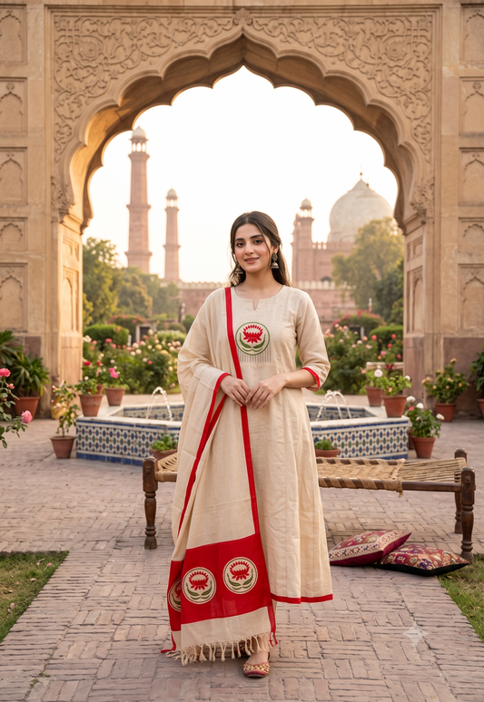 Graceful Cream Floral Motif Anarkali / Suit Set