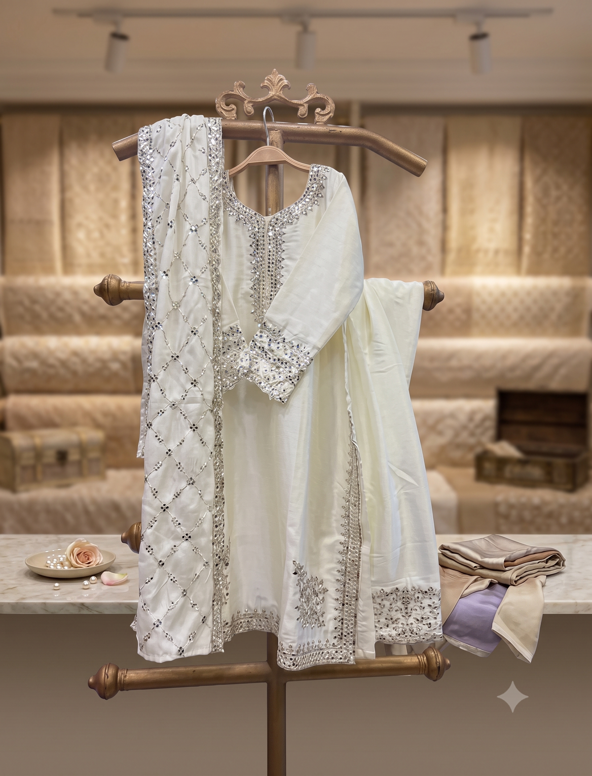 Off-White Heavy Sequin Embroidered Suit Set with Lattice Dupatta