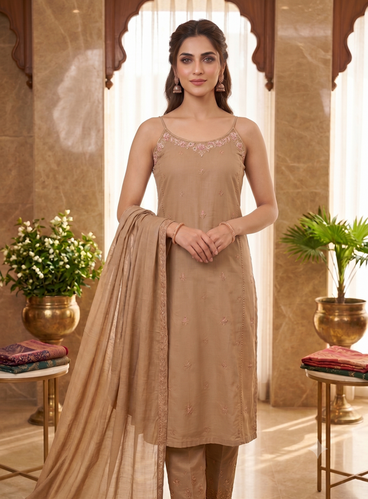 With extra sleeves on the side Elegant Beige Sleeveless Suit Set with Matching Dupatta (Available in Multiple Shades)
