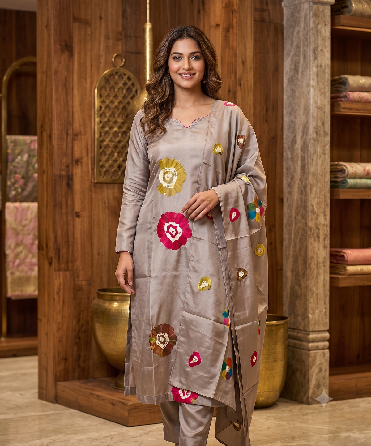 Elegant Dove Grey Silk Suit Set with Colorful Bandhej Accent Dupatta
