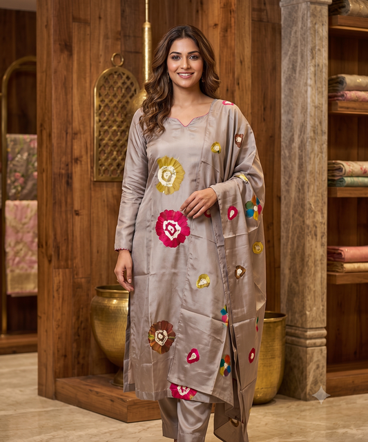Elegant Dove Grey Silk Suit Set with Colorful Bandhej Accent Dupatta