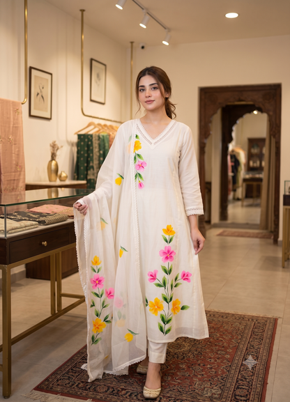 Pristine Off-White Hand-Painted Floral Anarkali / Suit Set