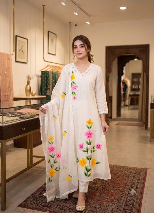 Pristine Off-White Hand-Painted Floral Anarkali / Suit Set