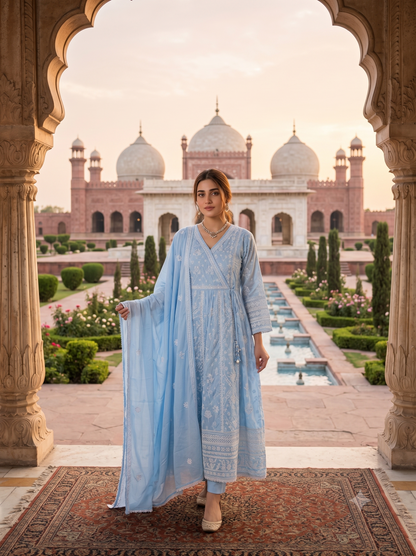 Chikankari Angrakha Anarkali Suit Set (Available in Sky Blue & Yellow)